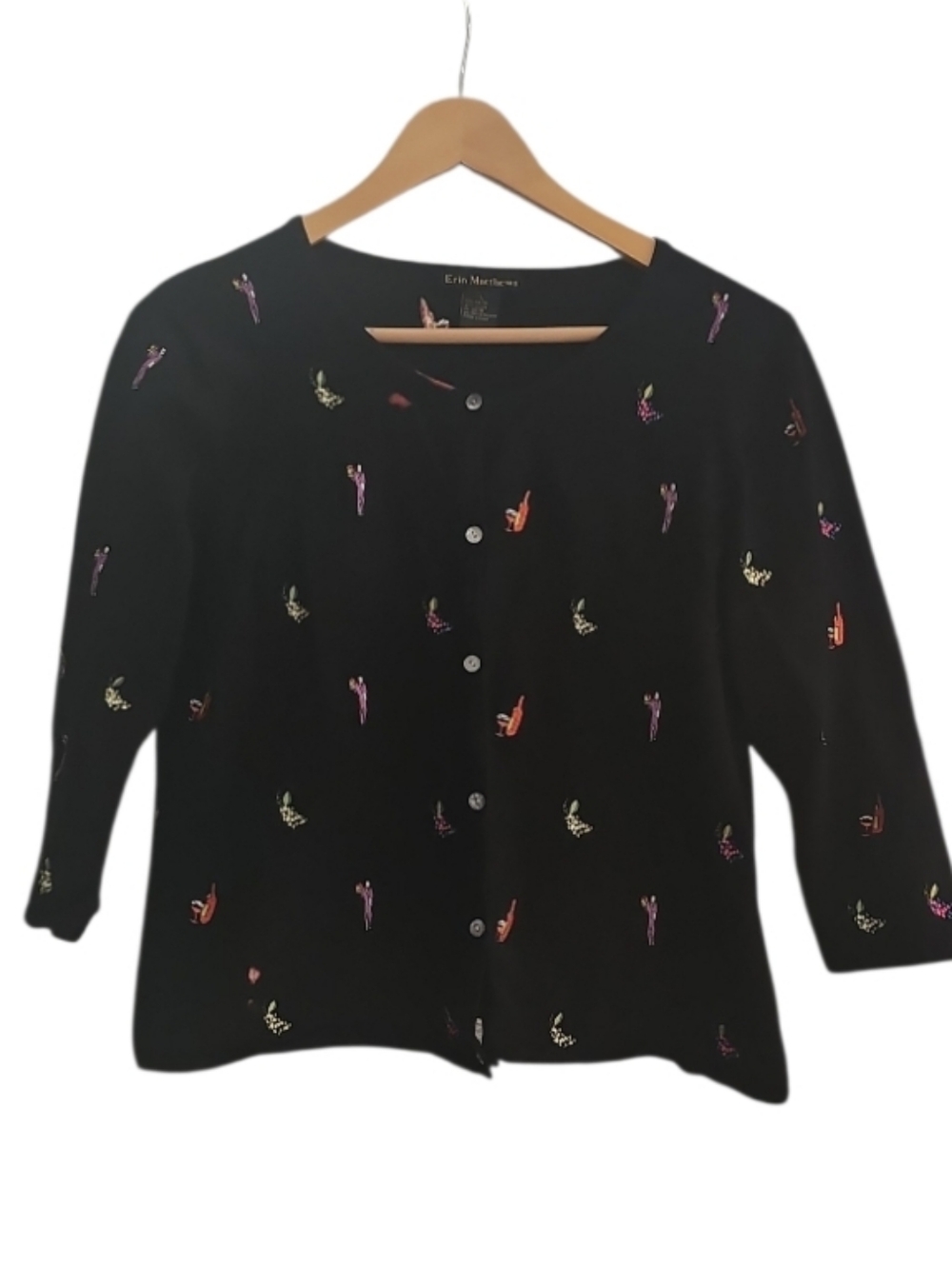Erin Matthews Embroidered Novelty Cardigan Black Cropped Artsy Chic L Whimsy